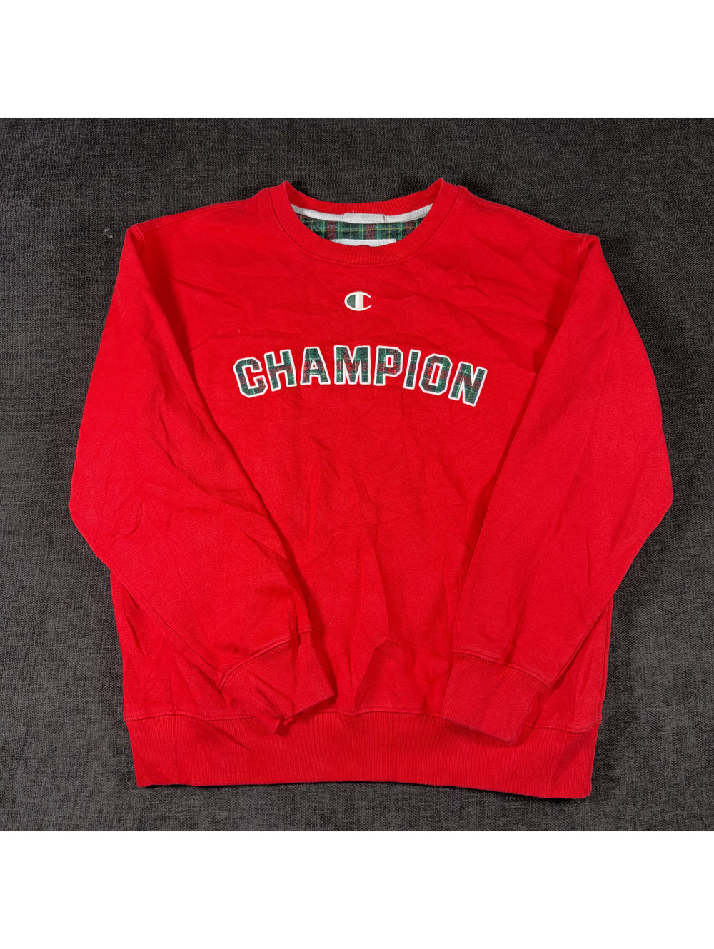 Champion Red Crewneck Sweatshirt with Plaid Detail Size Small